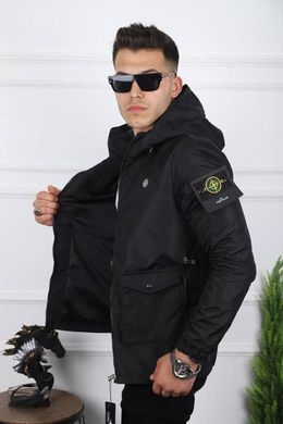 Мужская ветровка Stone Island черная плащевка с капюшоном