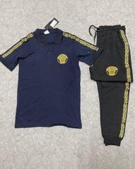 Літний комплект Versace поло синє + чорні штани