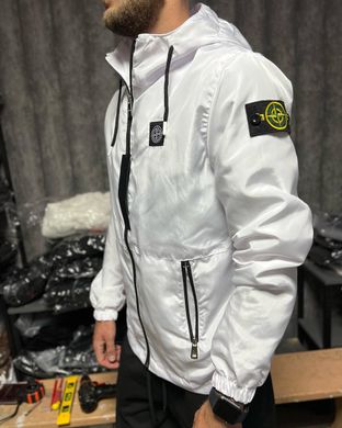 Мужская ветровка Stone Island белая плащевка с капюшоном