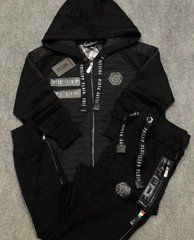 Мужской спортивный костюм Philipp Plein черный с капюшоном и кожаными вставками